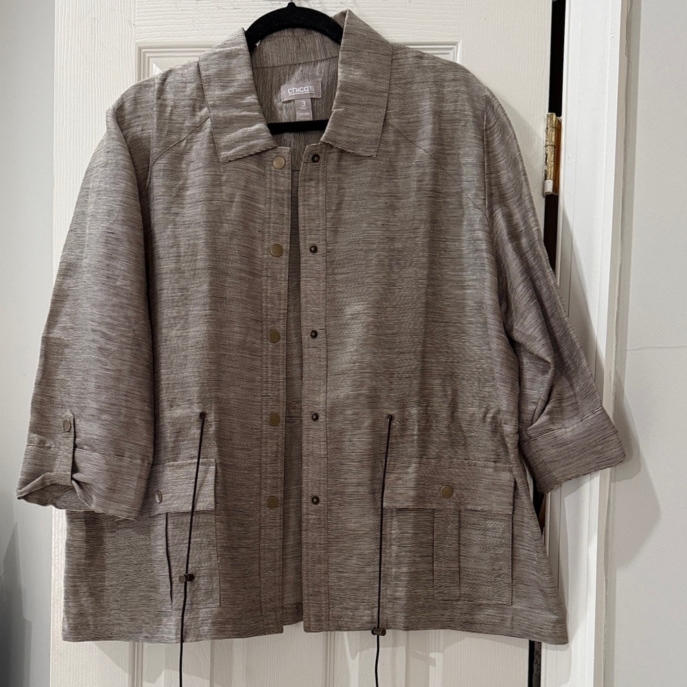 Chico's Lightweight Heathered Black & Tan Drawstring Jacket